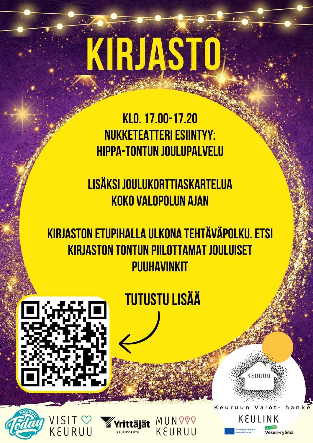 Kirjasto on auki vasta valopolun aikana klo 15.00 -19.00