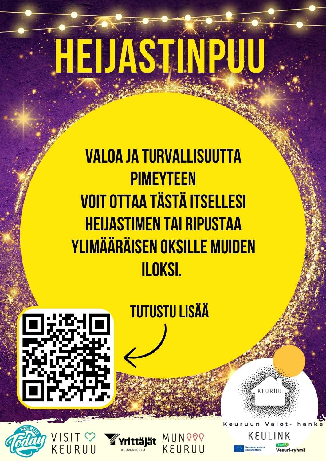 Partiolaisten heijastinpuu, johon voi tuoda ylimääräsiet heijastimet ja ottaa mukaan yhden heijastimen.